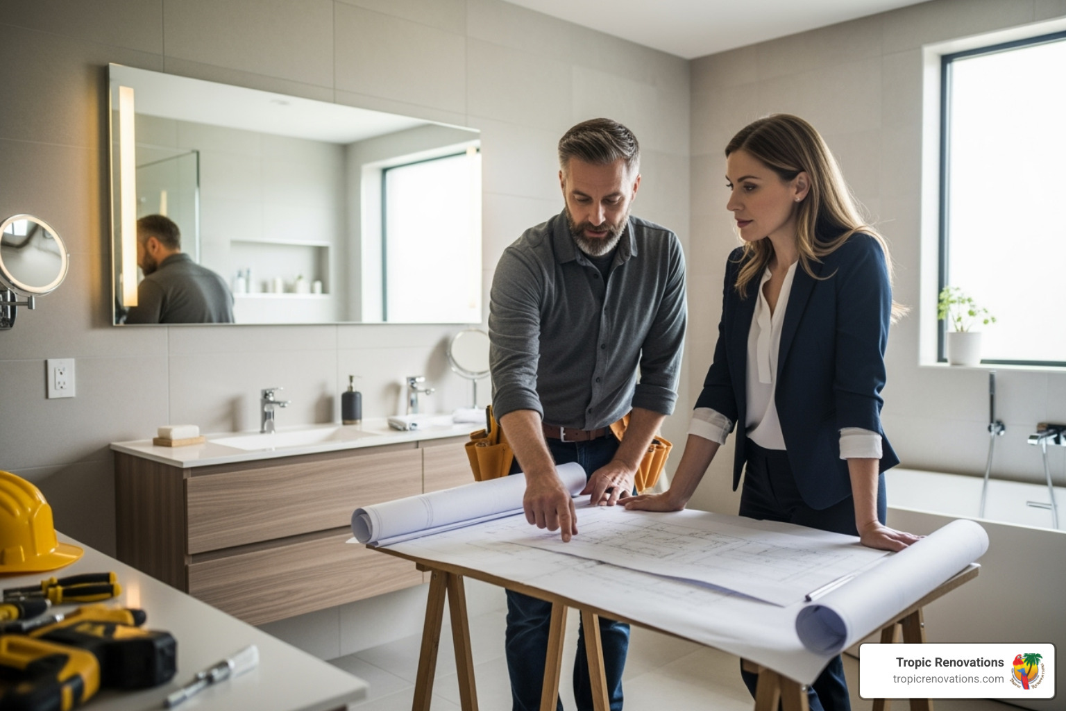 contractor and homeowner reviewing blueprints in a bathroom - Sarasota bathroom remodelers?