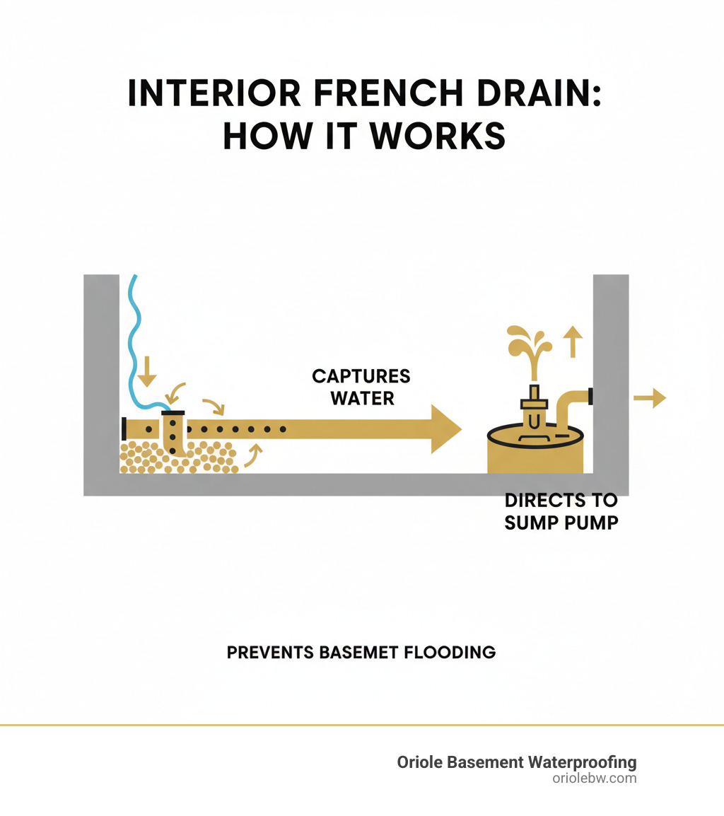 Interior French drain captures water and directs it to a sump pump - internal french drain cost infographic 