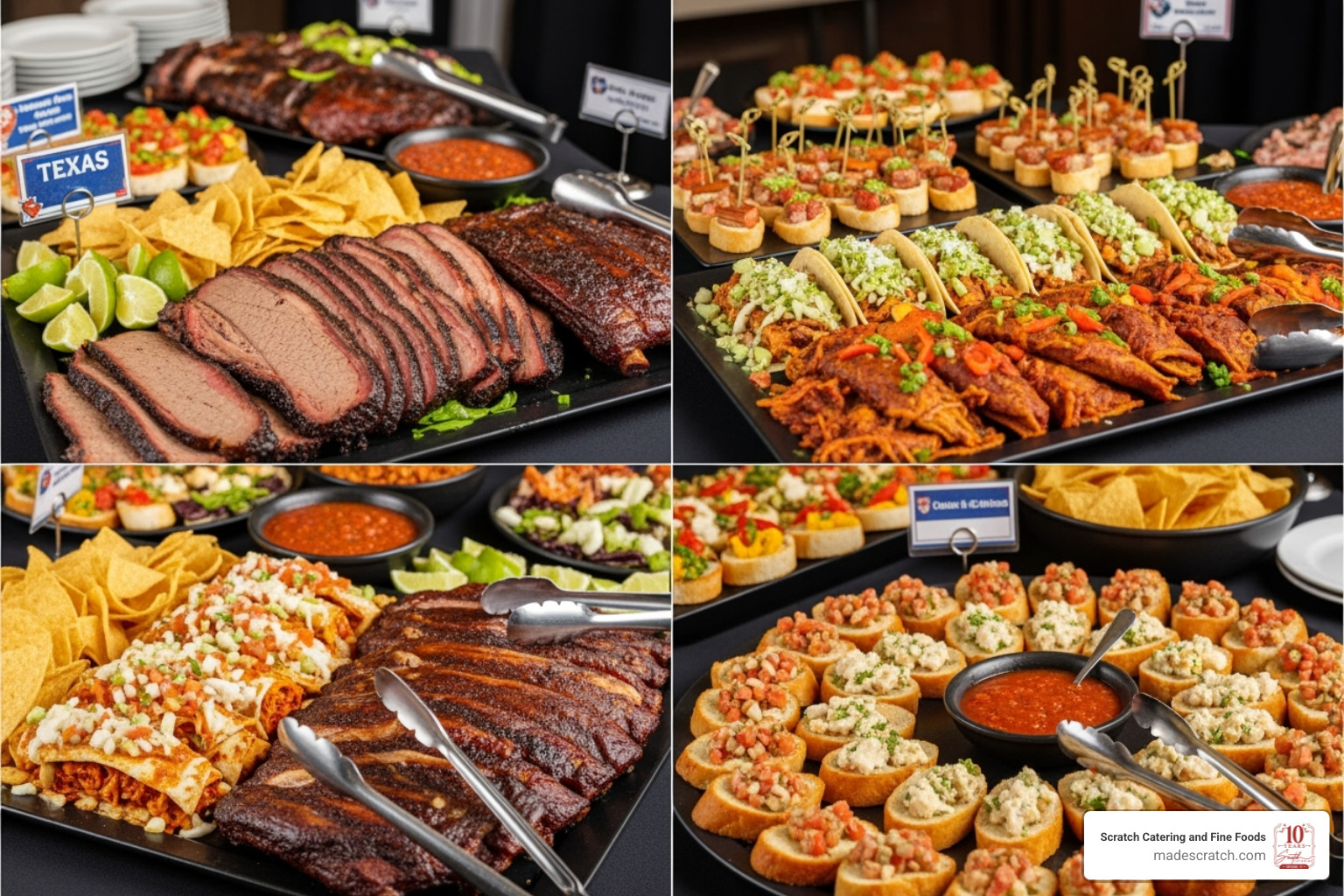 A diverse buffet with Texas BBQ, Tex-Mex, and neat appetizers - Corporate catering Fort Worth