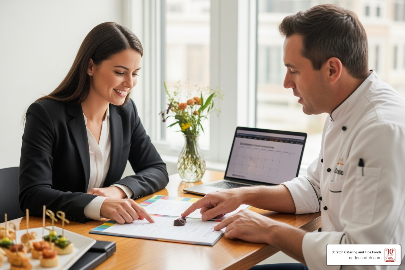 A client happily consulting with a caterer - Corporate catering Fort Worth