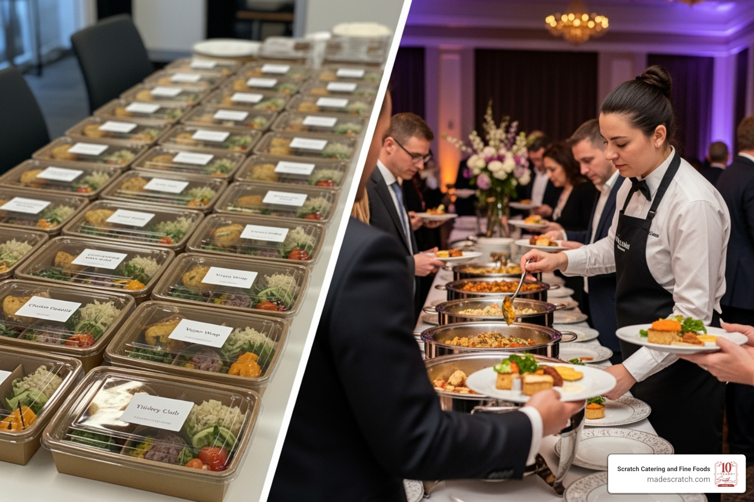 A drop-off boxed lunch setup vs. a full-service staffed event - Corporate catering Fort Worth