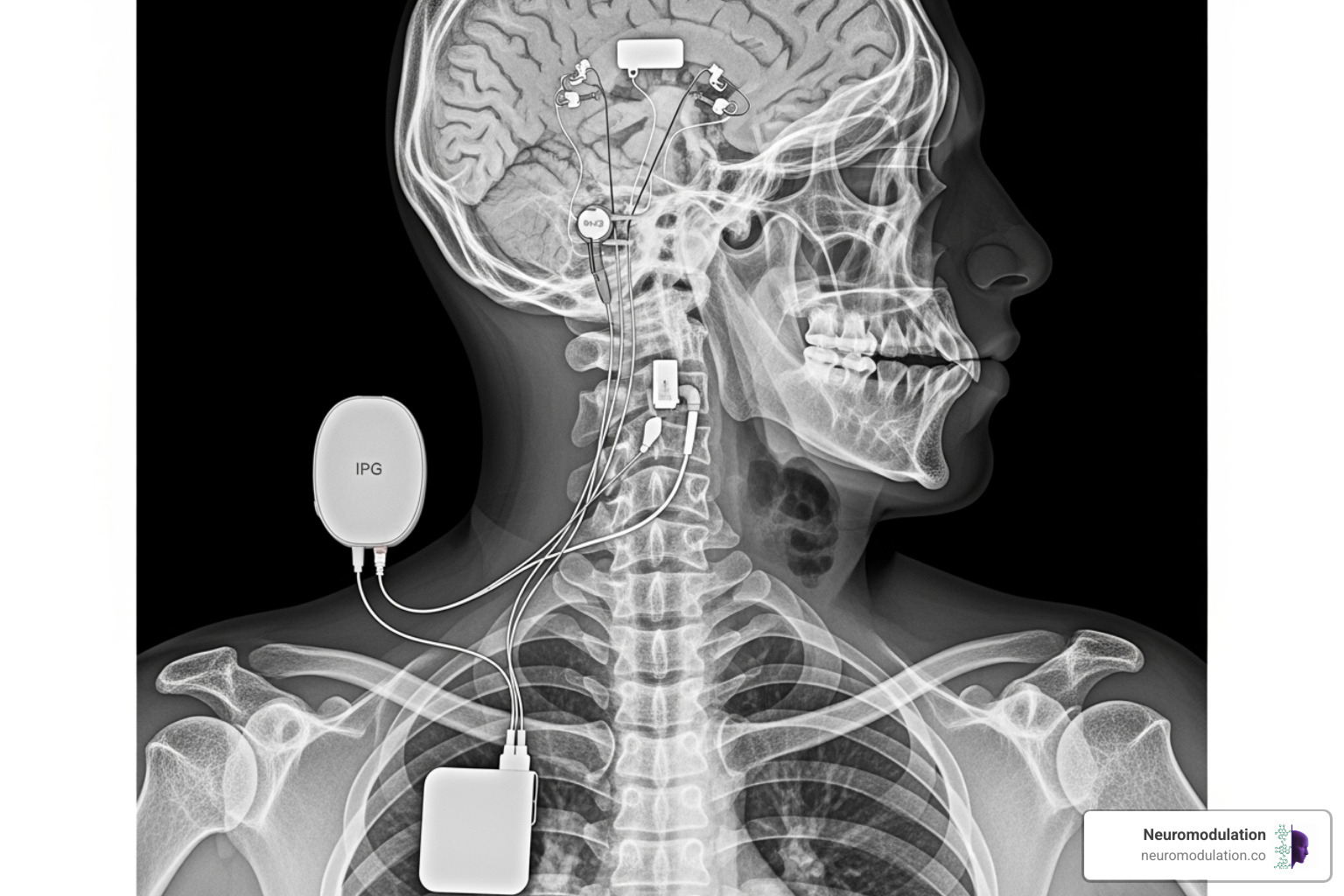 X-ray image showing the deep brain stimulation system components in the brain, neck, and chest. The image clearly depicts the brain electrodes, extension wires running down the neck, and the implanted pulse generator (IPG) in the chest, highlighting their anatomical placement. - DBS surgery complications