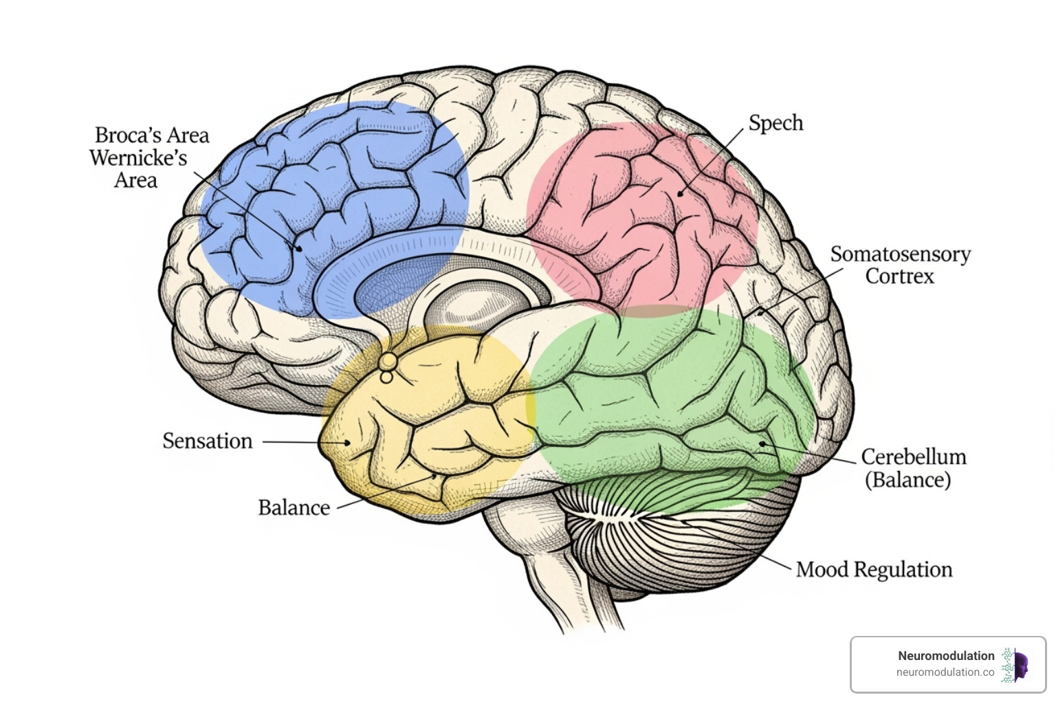 Detailed illustration of the human brain with various regions highlighted, indicating areas that, when stimulated by DBS, can lead to specific side effects. Labels point to regions associated with dysarthria, paresthesia, gait/balance issues, mood changes (depression, apathy, hypomania), and cognitive effects. - DBS surgery complications