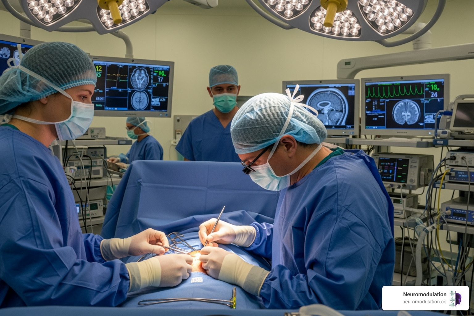 A surgical team dressed in scrubs and masks, performing a deep brain stimulation procedure. One surgeon is positioned at the patient's head, focused on the surgical field, while another is observing monitors. The image conveys precision and teamwork in a modern operating room setting. - DBS surgery complications