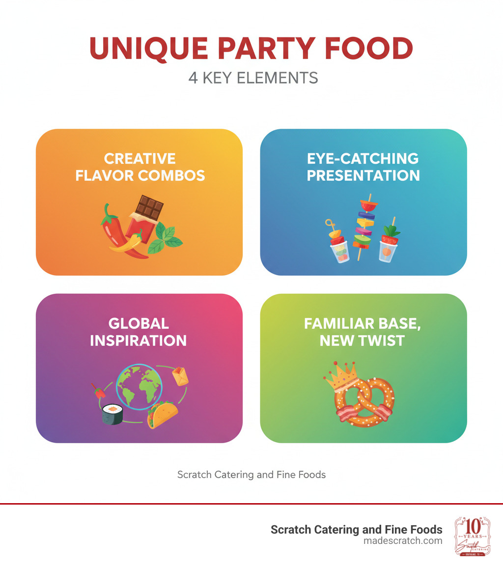 Infographic showing the 4 key elements of unique party food: Creative Flavor Combinations featuring unexpected ingredient pairings, Eye-Catching Presentation with colorful arrangements and individual servings, Global Inspiration drawing from international cuisines, and Familiar Base with Unique Twist changing classic appetizers into memorable bites - unique party food infographic Infographic showing the 4 key elements of unique party food: Creative Flavor Combinations featuring unexpected ingredient pairings, Eye-Catching Presentation with colorful arrangements and individual servings, Global Inspiration drawing from international cuisines, and Familiar Base with Unique Twist changing classic appetizers into memorable bites - unique party food infographic