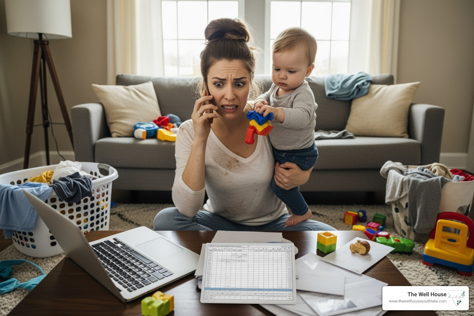 A mother juggling multiple tasks, looking overwhelmed and stressed - counselling for mothers