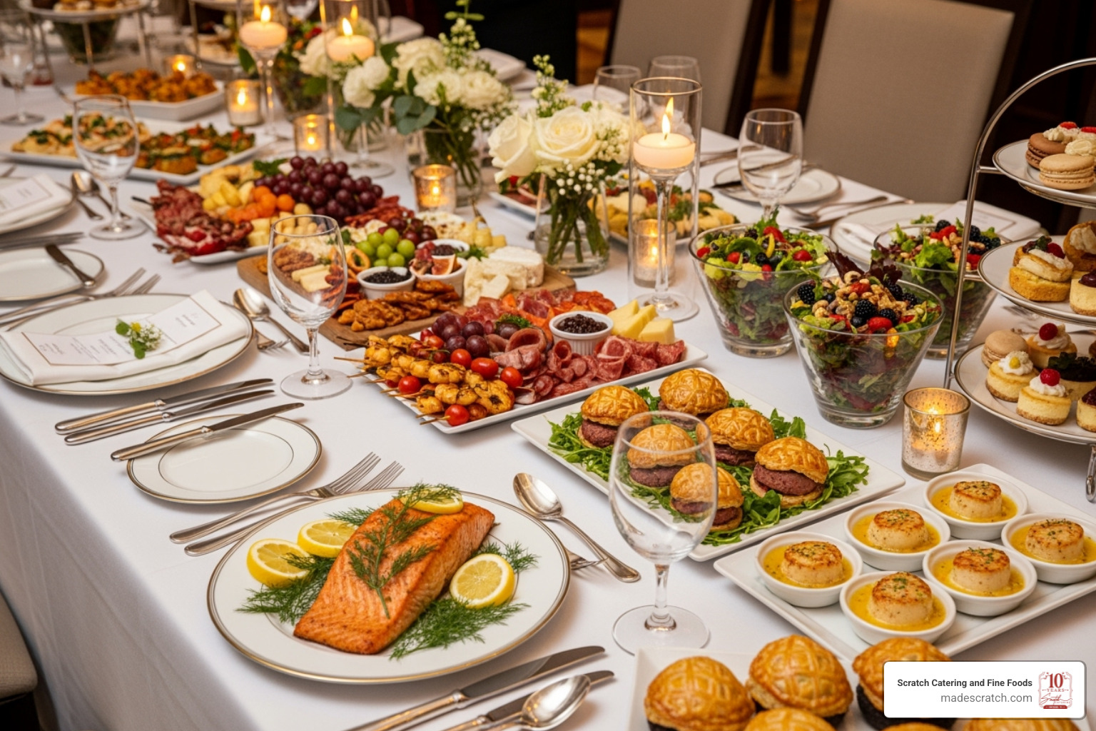 A catered event with a beautifully set table, showcasing a variety of gourmet appetizers and main courses, highlighting professional catering services - unique party food A catered event with a beautifully set table, showcasing a variety of gourmet appetizers and main courses, highlighting professional catering services - unique party food