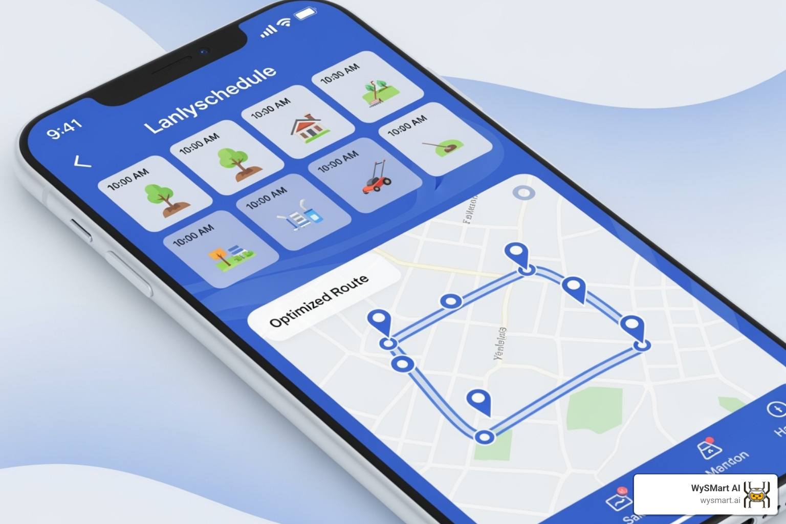 mobile app interface showing a landscaping crew's daily schedule and optimized route map - landscaping companies - ai custom automation systems mobile app interface showing a landscaping crew's daily schedule and optimized route map - landscaping companies - ai custom automation systems