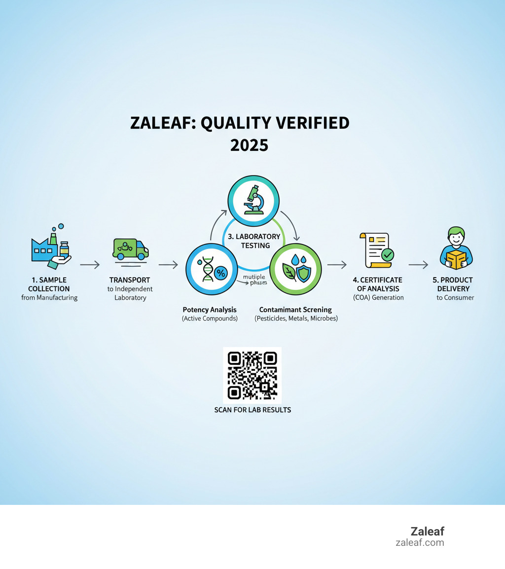 Detailed infographic showing the complete third-party testing process for Zaleaf products: sample collection from manufacturing, transport to independent laboratory, multiple testing phases including potency analysis and contaminant screening, certificate of analysis generation, and final product delivery to consumer with QR code access to lab results - 3rd party lab tested infographic 