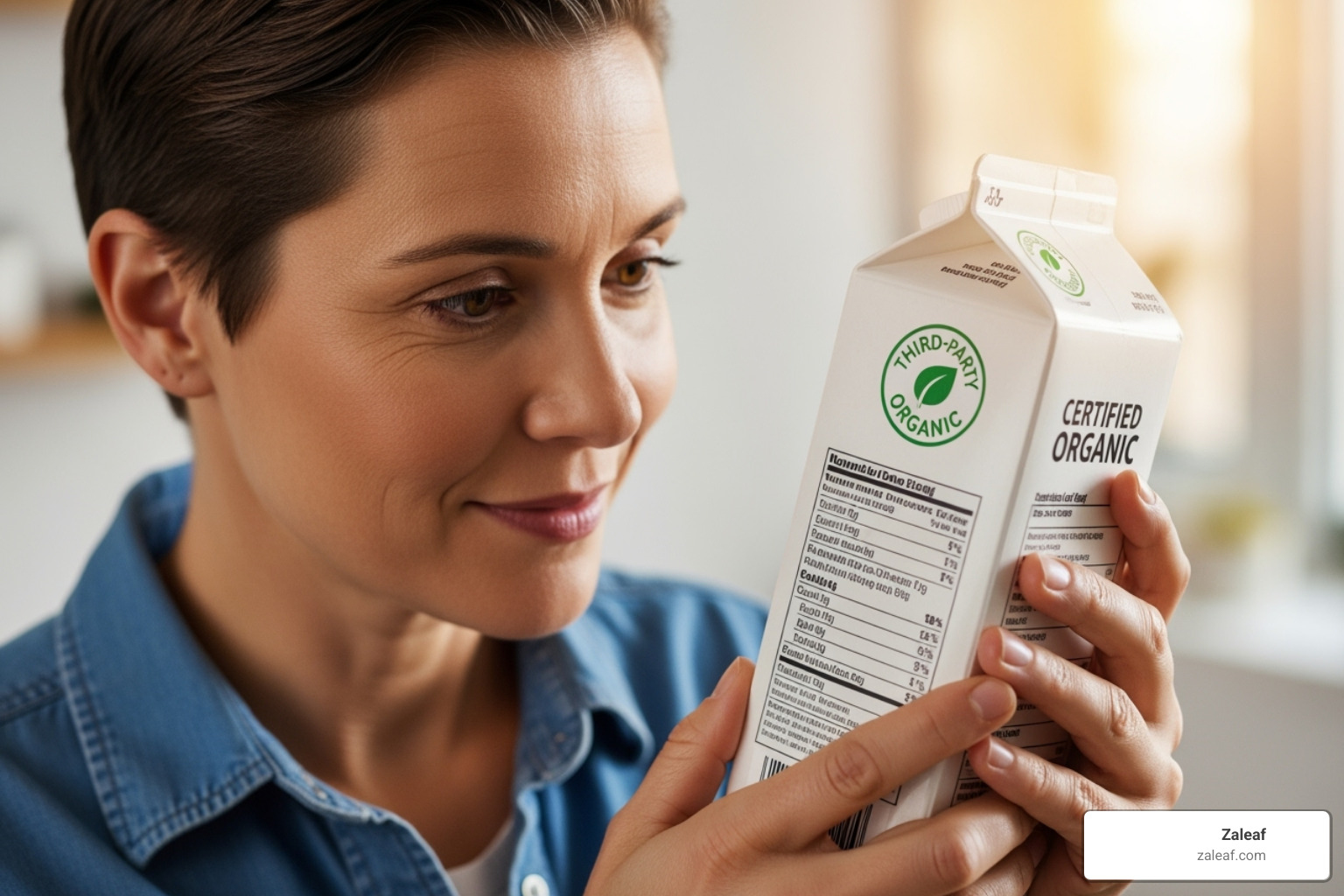 consumer confidently viewing a Zaleaf product label with a third-party certification seal - 3rd party lab tested