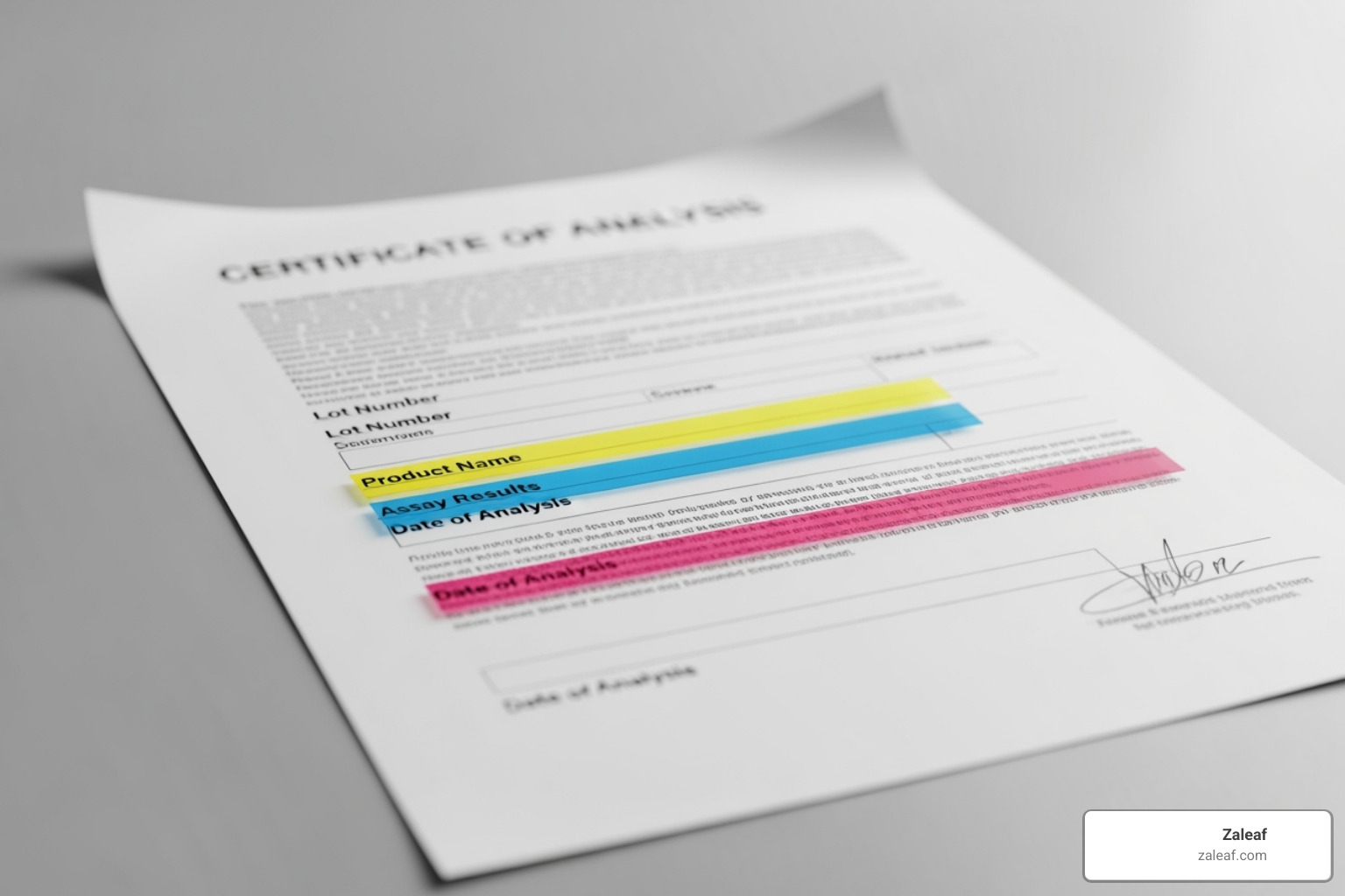 sample Certificate of Analysis with key sections highlighted - 3rd party lab tested
