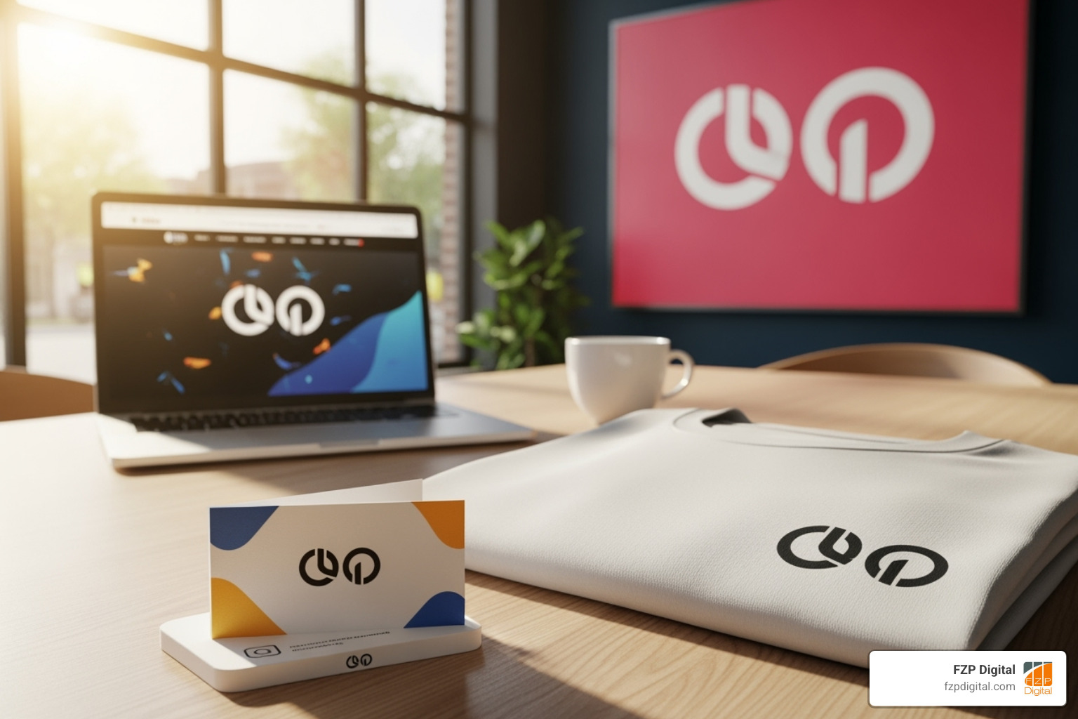 Logo being used in different ways: on a website, a business card, a t-shirt, and a storefront sign - logo design services philadelphia pa