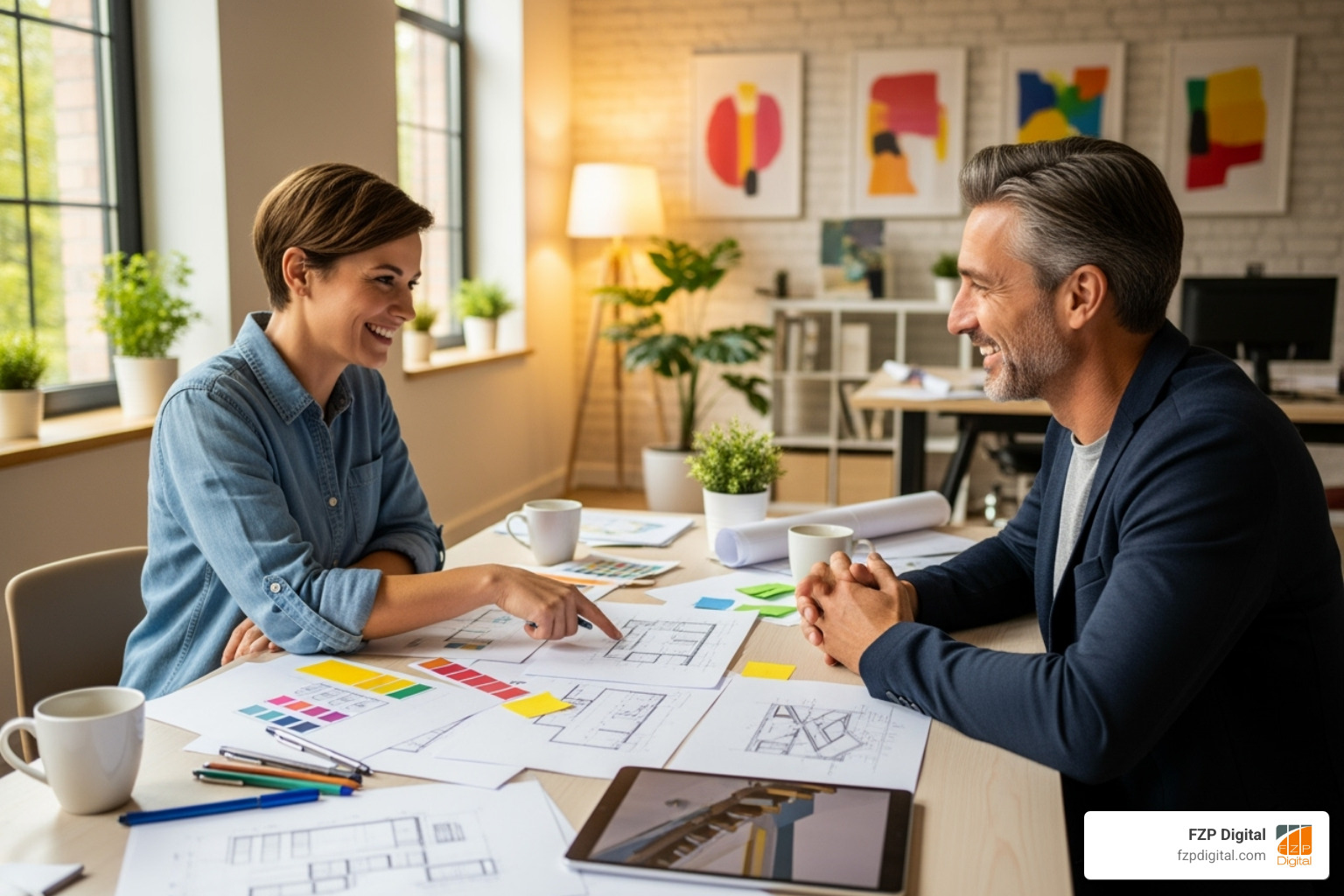 Designer and client collaborating over sketches in a friendly, modern office setting - logo design services philadelphia pa