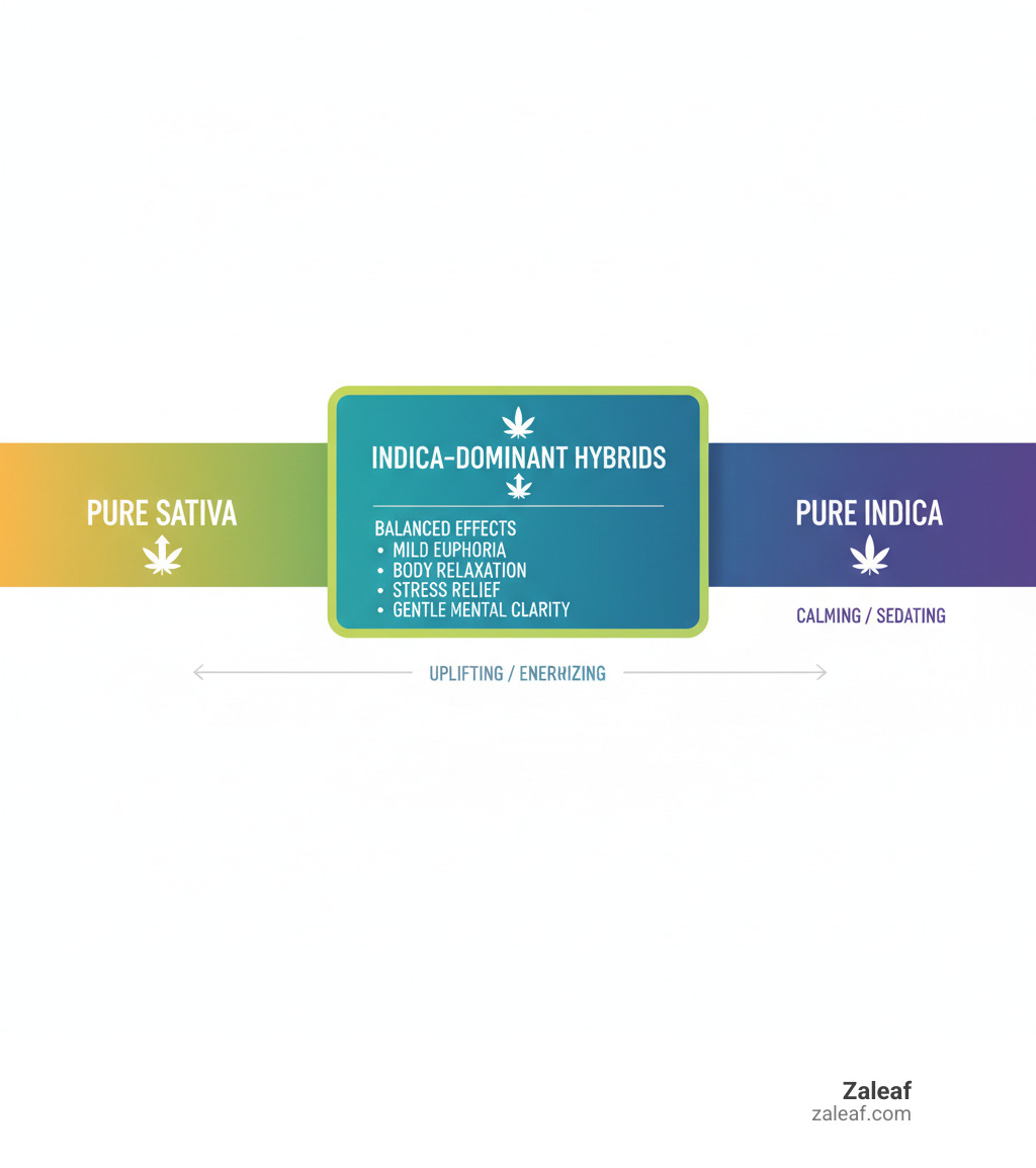 Infographic showing the cannabis strain spectrum from pure Sativa on the left to pure Indica on the right, with Indica-dominant Hybrids highlighted in the middle-left section, displaying balanced effects including mild euphoria, body relaxation, stress relief, and gentle mental clarity - indica hybrid pen infographic 
