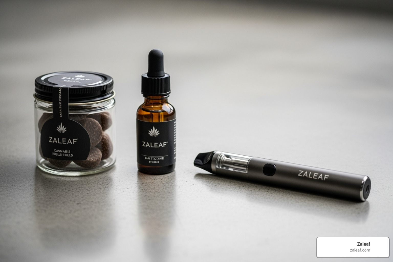 Zaleaf vape pen next to other Zaleaf products for comparison - indica hybrid pen