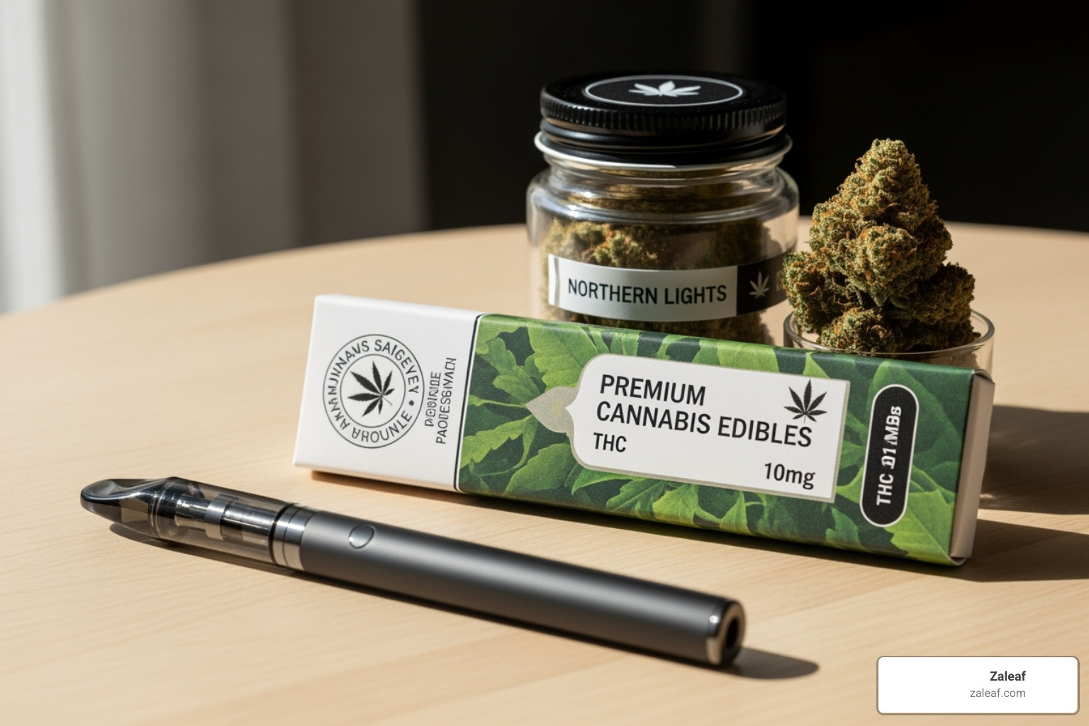 Zaleaf vape pen next to other Zaleaf edibles and flower products for comparison - indica hybrid pen
