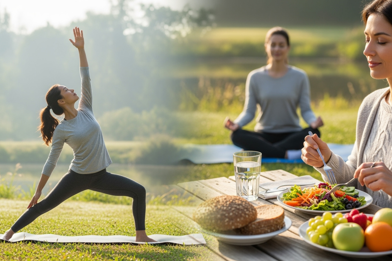 A person exercising outdoors, enjoying a healthy meal, and meditating peacefully, symbolizing a holistic approach to wellness - cream for nerve pain relief