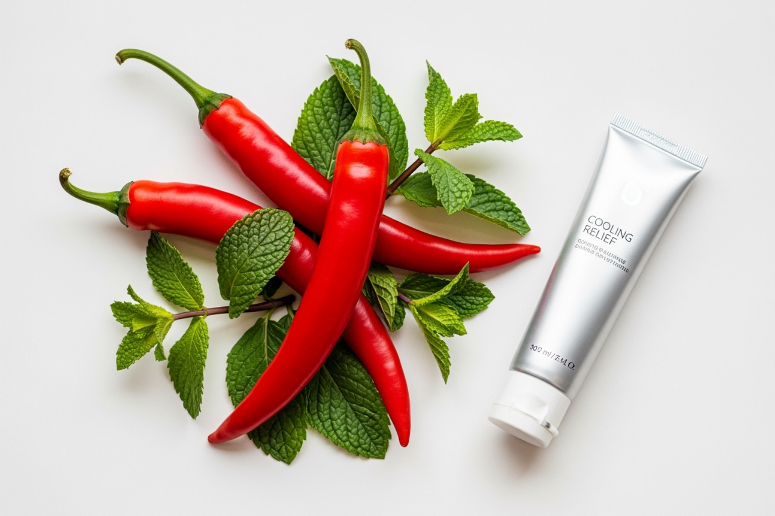 Various active ingredients for nerve pain relief, including chili peppers (capsaicin), mint leaves (menthol), and a tube of Neuropasil cream - cream for nerve pain relief