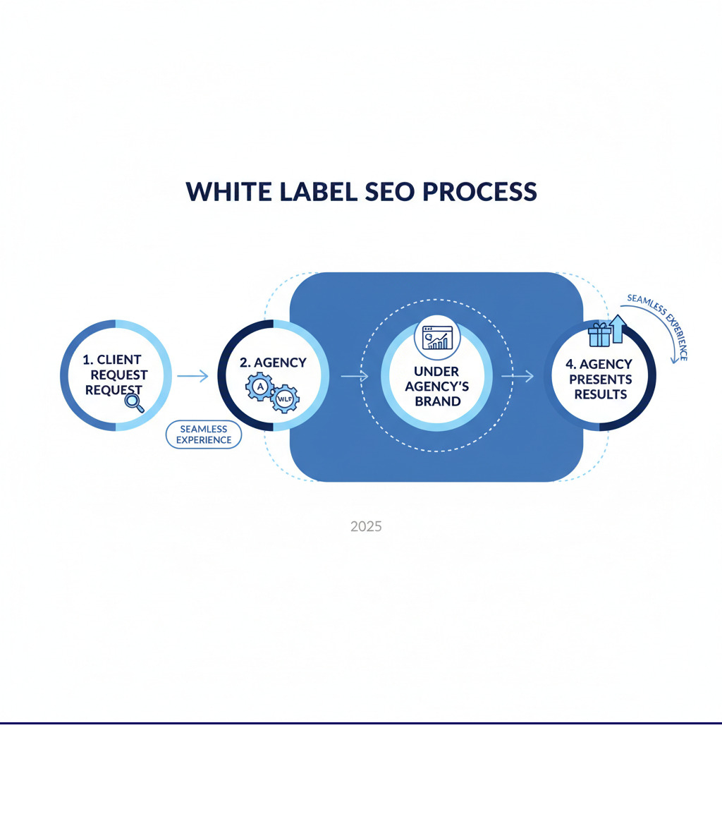 Infographic showing the white label SEO process: Agency receives client request, partners with white label provider who delivers SEO services, agency presents results under their own brand to client, creating a seamless experience where the client only sees the agency - white label seo reseller infographic 