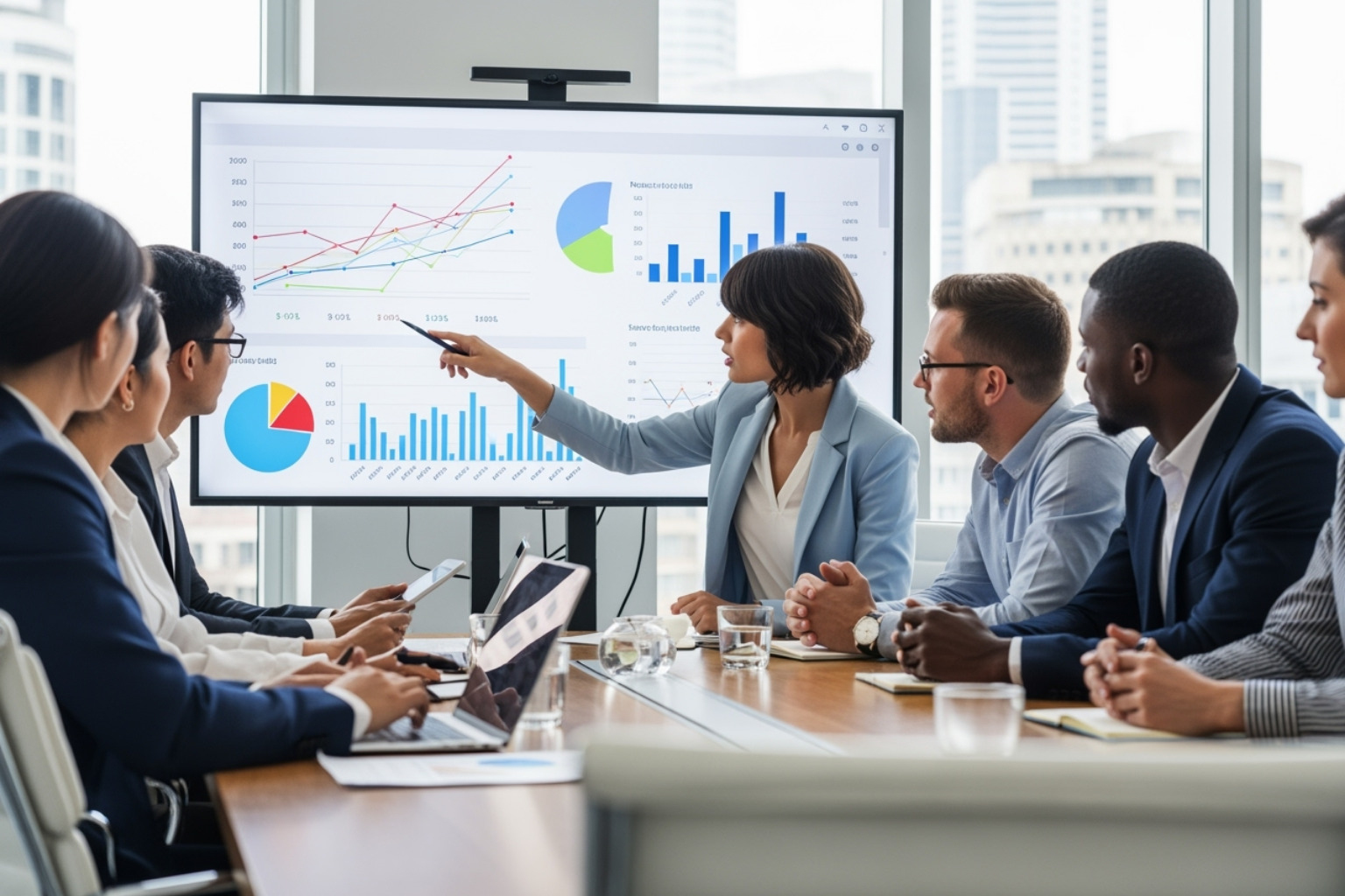 Collaborative meeting with charts and graphs - white label seo reseller