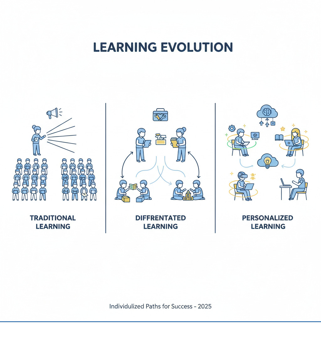 Infographic showing the progression from Traditional Learning (one teacher lecturing to many students in rows) to Differentiated Learning (teacher providing different materials to groups) to Personalized Learning (individual students with customized paths, technology tools, and one-on-one support) - personalized learning experience infographic 