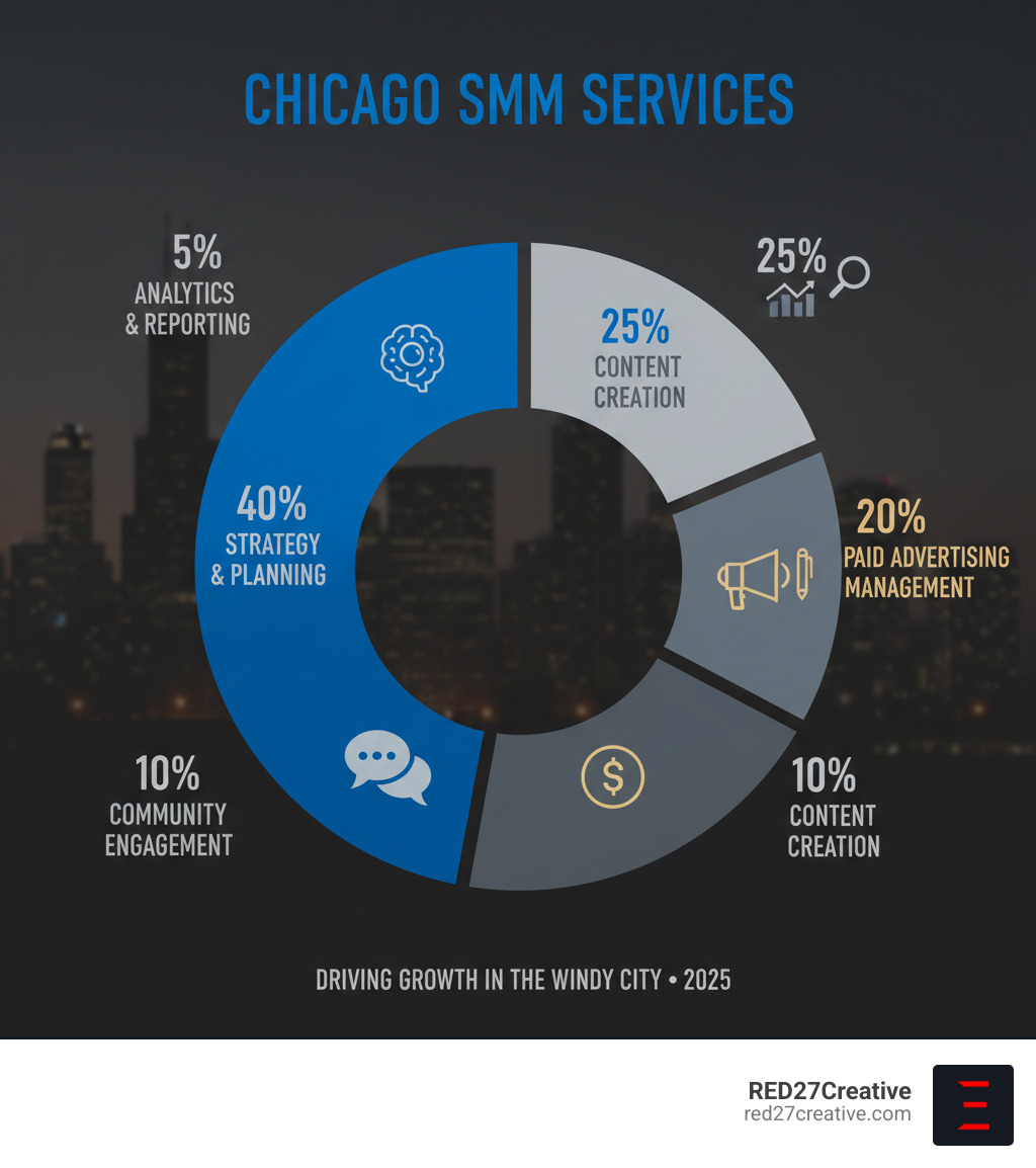 Infographic showing SMM services breakdown: 40% strategy and planning, 25% content creation, 20% paid advertising management, 10% community engagement, 5% analytics and reporting, with Chicago skyline background - SMM services Chicago infographic Infographic showing SMM services breakdown: 40% strategy and planning, 25% content creation, 20% paid advertising management, 10% community engagement, 5% analytics and reporting, with Chicago skyline background - SMM services Chicago infographic