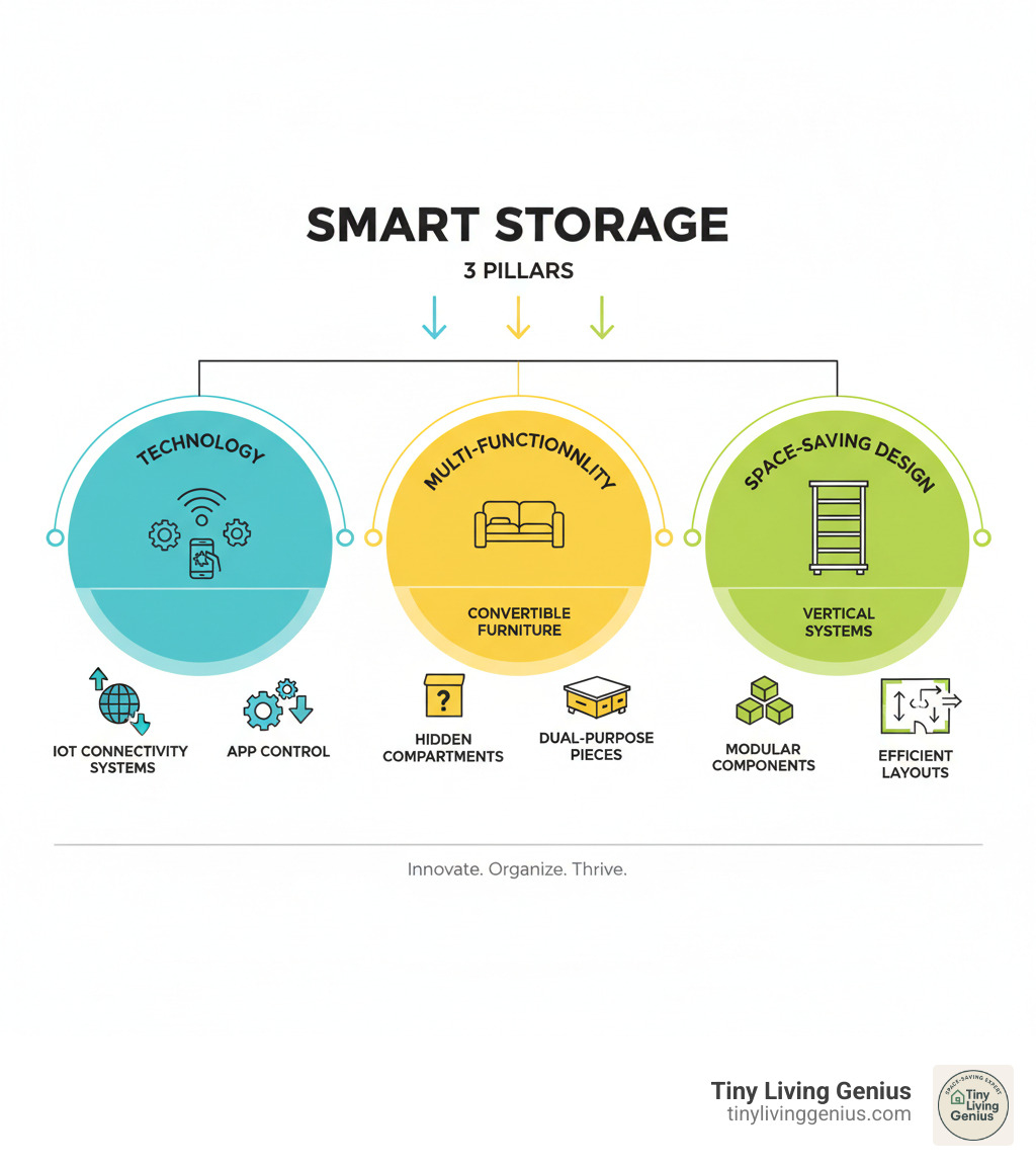 Infographic showing the three pillars of smart storage: Technology (featuring IoT connectivity, app control, and automated systems), Multi-Functionality (showing convertible furniture, hidden compartments, and dual-purpose pieces), and Space-Saving Design (displaying vertical systems, modular components, and efficient layouts) - smart storage solutions infographic 