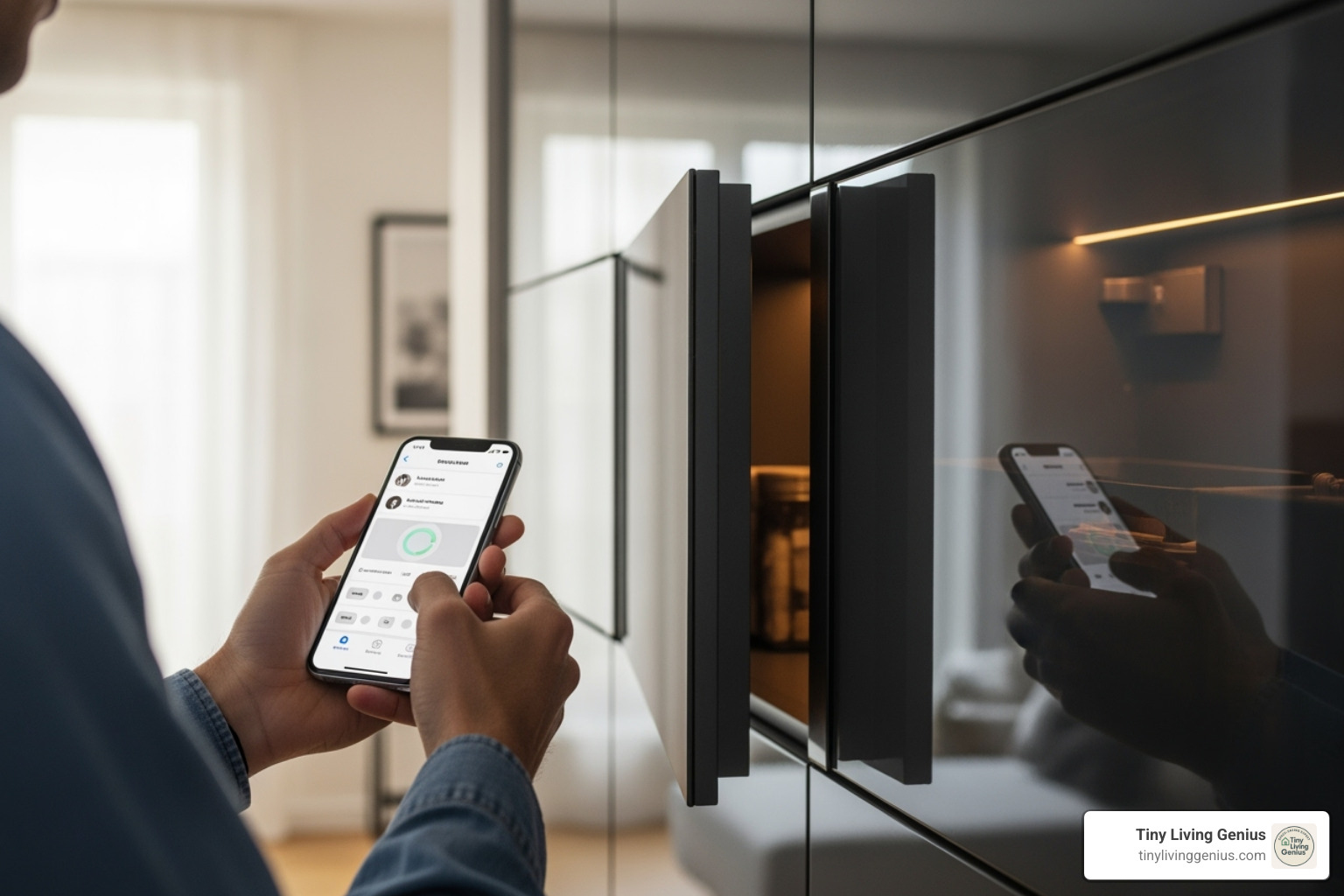 person using smartphone to open sleek modern cabinet - smart storage solutions