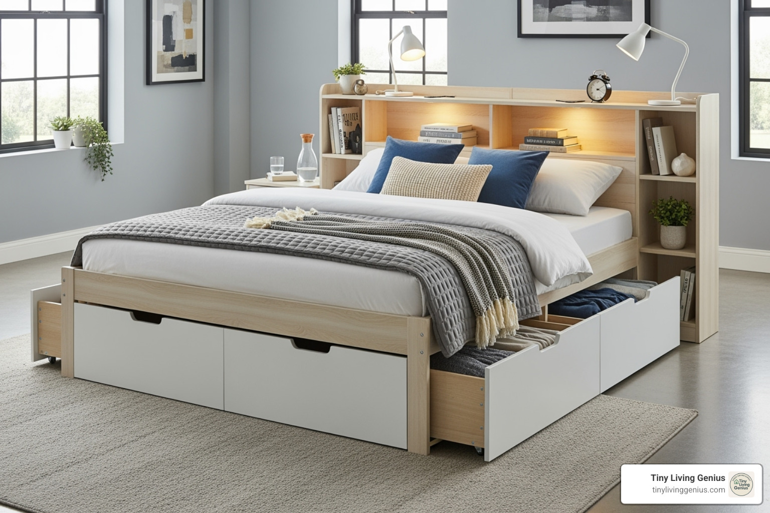 stylish multi-functional storage bed with drawers and shelves - smart storage solutions
