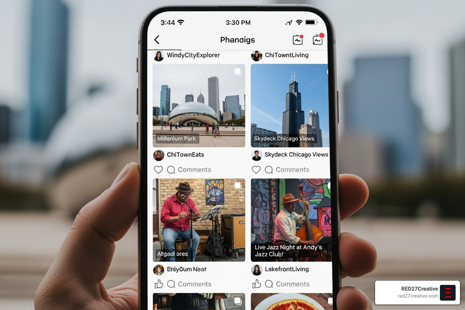 Social media feed displaying Chicago landmarks and local events - SMM services Chicago Social media feed displaying Chicago landmarks and local events - SMM services Chicago