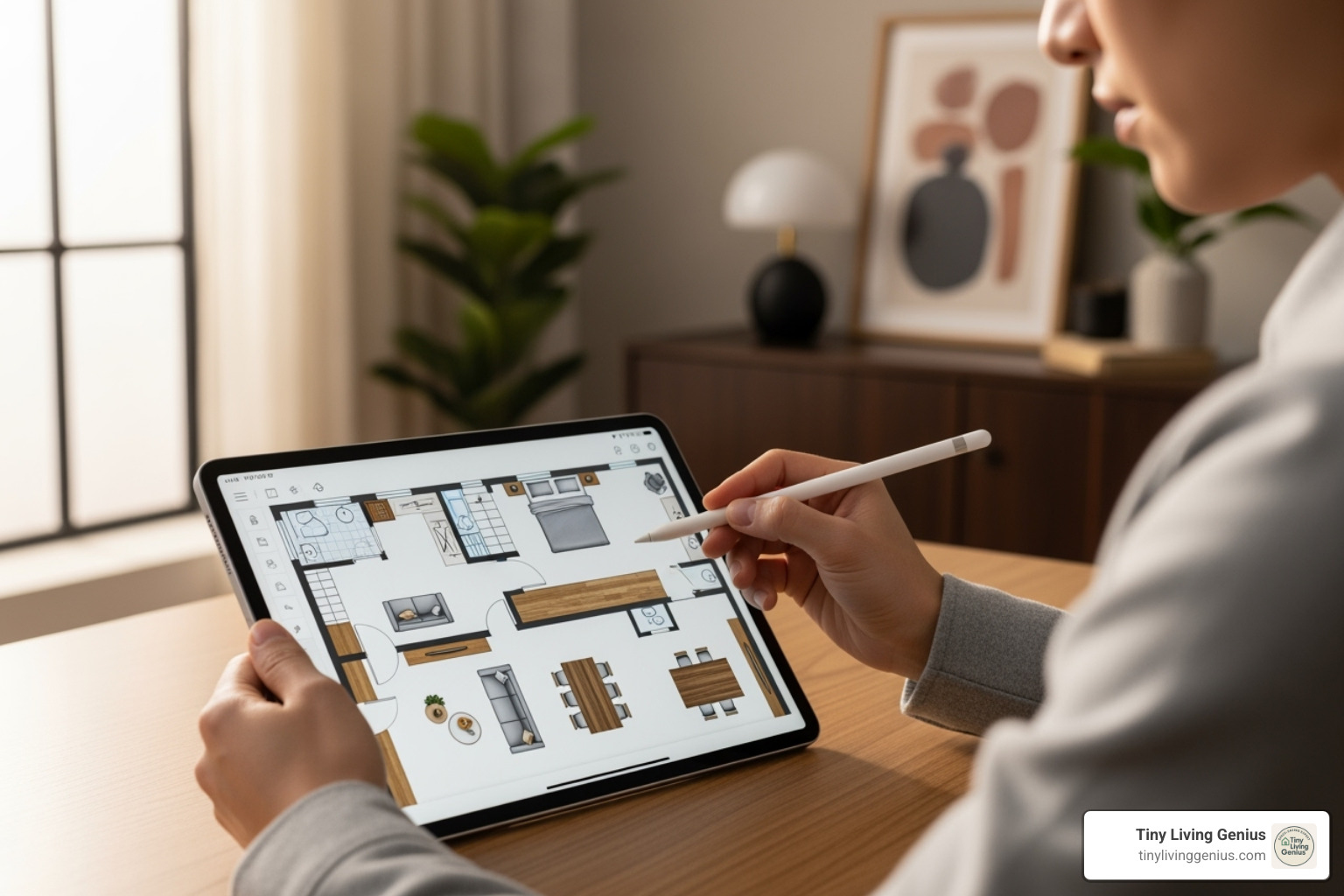 person planning room layout on tablet - smart storage solutions