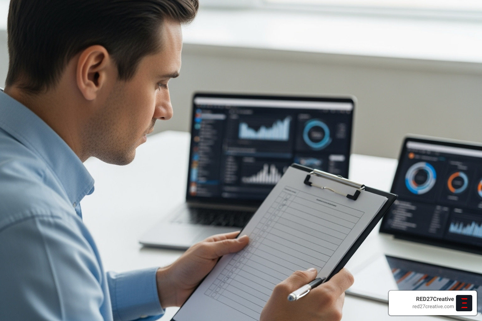 Person reviewing a checklist on a clipboard with digital marketing terms - SMM services Chicago Person reviewing a checklist on a clipboard with digital marketing terms - SMM services Chicago