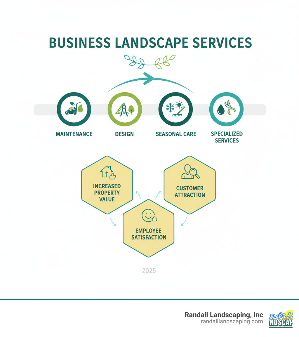 Comprehensive breakdown of business landscape services showing maintenance, design, seasonal care, and specialized services with associated benefits like increased property value, customer attraction, and employee satisfaction - business landscape services infographic 