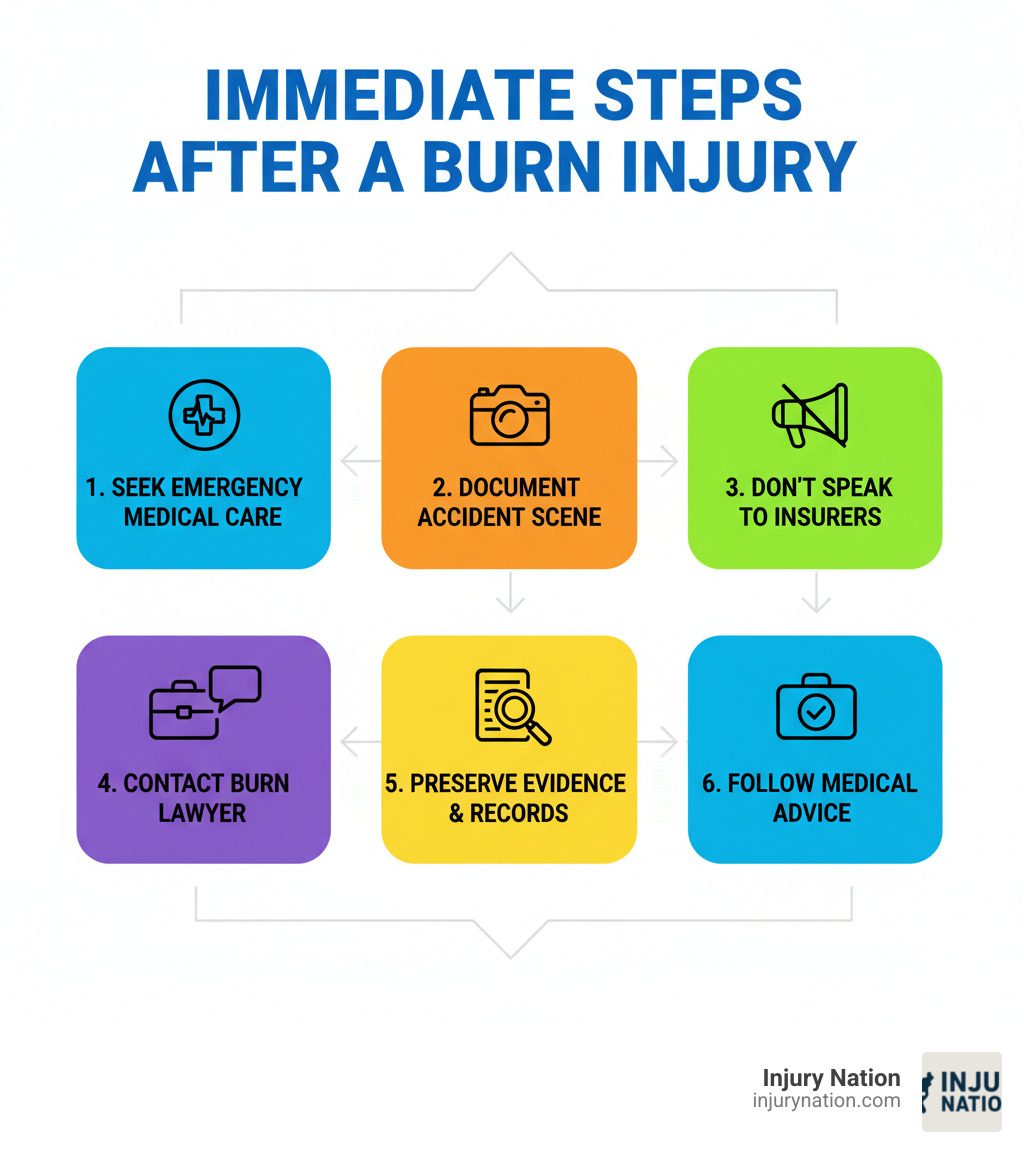 Infographic showing immediate steps after a burn injury: 1) Seek emergency medical care immediately, 2) Document the accident scene with photos if possible, 3) Do not speak to insurance adjusters without legal representation, 4) Contact a specialized burn injury lawyer for a free consultation, 5) Preserve all evidence and medical records, 6) Follow all medical treatment recommendations - burn injury lawyer infographic 