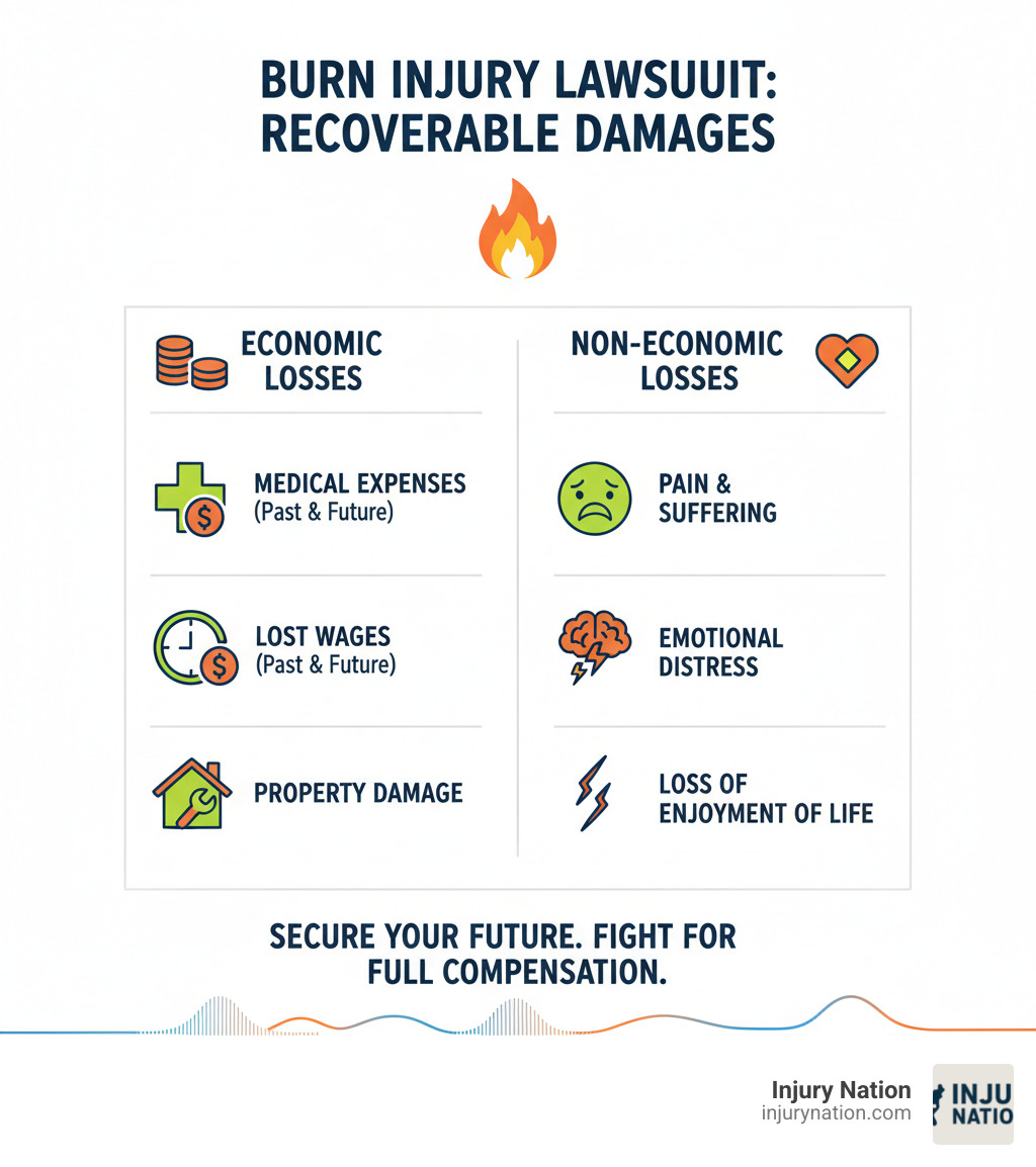 Infographic breaking down the different types of recoverable damages in a burn injury lawsuit: Medical Expenses (past & future), Lost Wages (past & future), Pain & Suffering, Emotional Distress, Disfigurement, Loss of Enjoyment of Life, Property Damage - burn injury lawyer infographic 