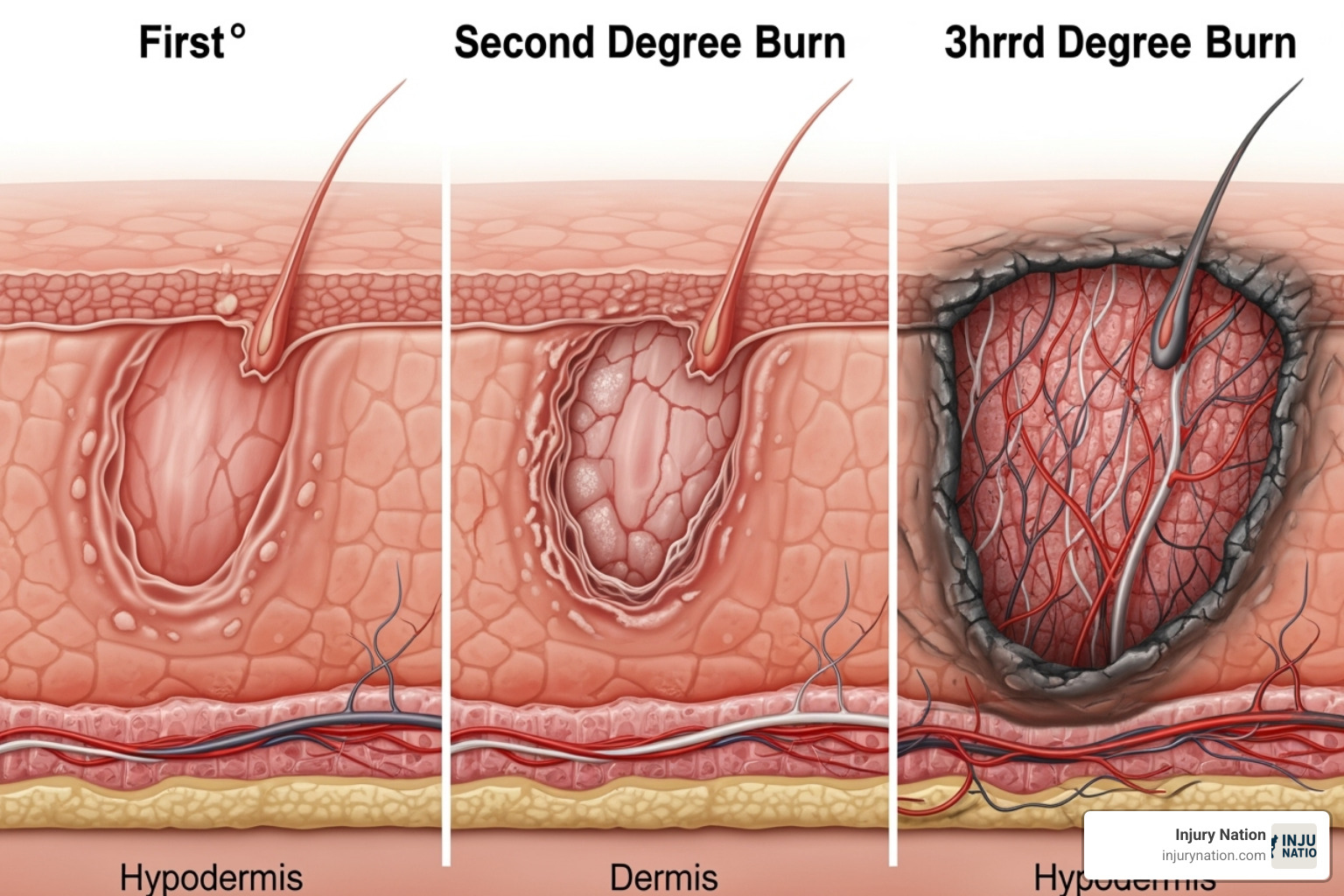 Image of a medical chart illustrating the different degrees of burns on skin layers. - burn injury lawyer