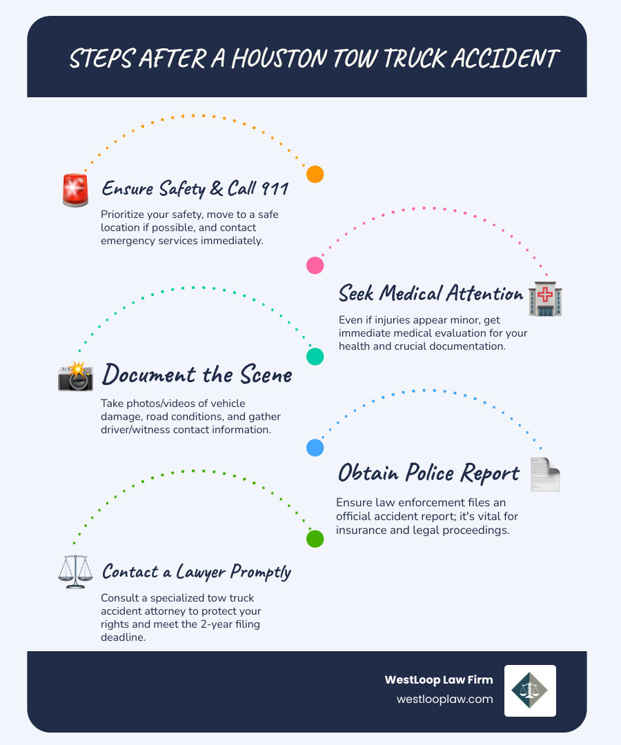 Infographic showing the step-by-step process after a Houston tow truck accident: 1. Ensure safety and call 911, 2. Seek immediate medical attention, 3. Document the scene with photos, 4. Gather driver and company information, 5. Contact witnesses, 6. File police report, 7. Contact a tow truck accident lawyer within 2 years - houston tow truck accident lawyer infographic infographic-line-5-steps-blues-accent_colors