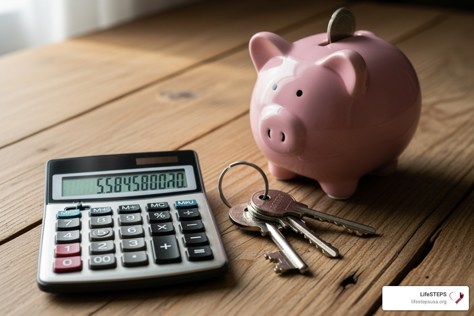 Image of a calculator, house keys, and a piggy bank on a table, symbolizing financial planning for a home. - low income first time home buyers program