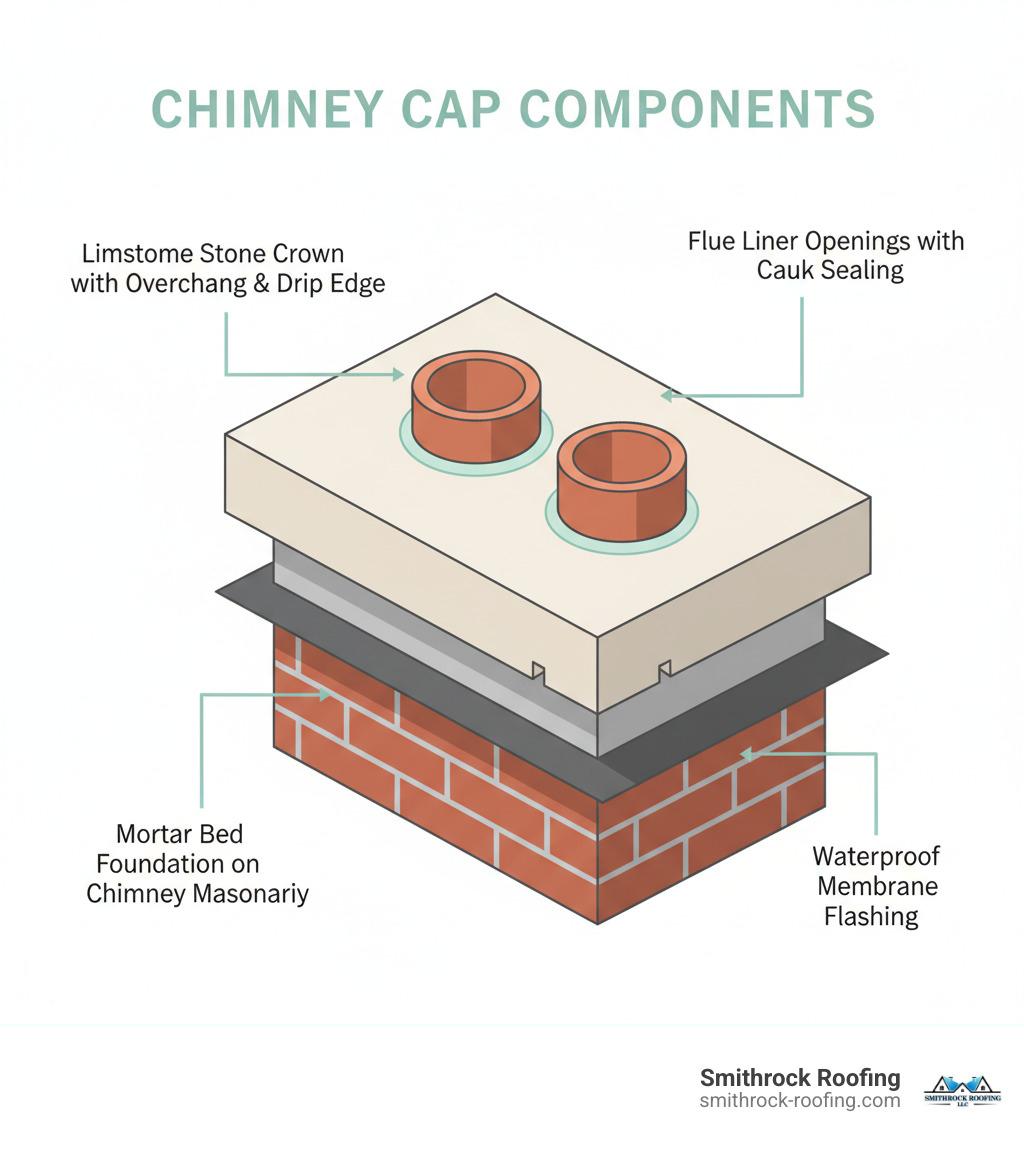 Detailed infographic showing limestone chimney cap components including the stone crown with proper overhang and drip edge, flue liner openings with caulk sealing, waterproof membrane flashing underneath, and mortar bed foundation on top of chimney masonry - limestone chimney cap infographic 