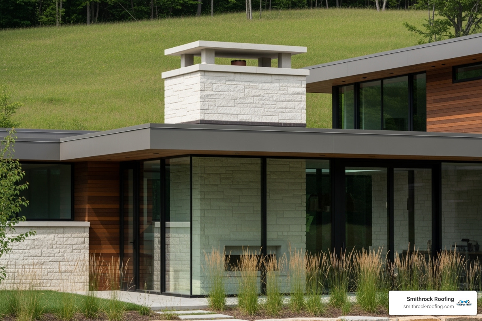 A modern architectural home featuring a prominent limestone chimney cap that complements its clean lines and natural material palette - limestone chimney cap