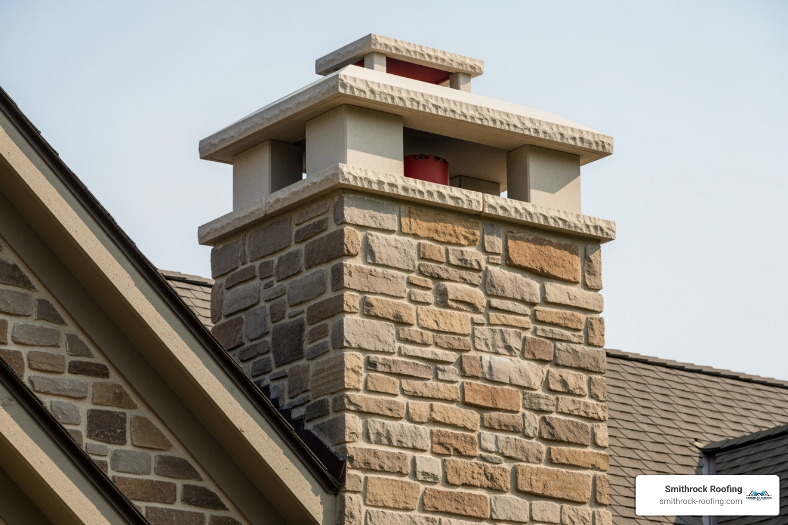 Limestone chimney cap on a rustic, stone-faced home, blending seamlessly with the natural textures and colors of the exterior - limestone chimney cap