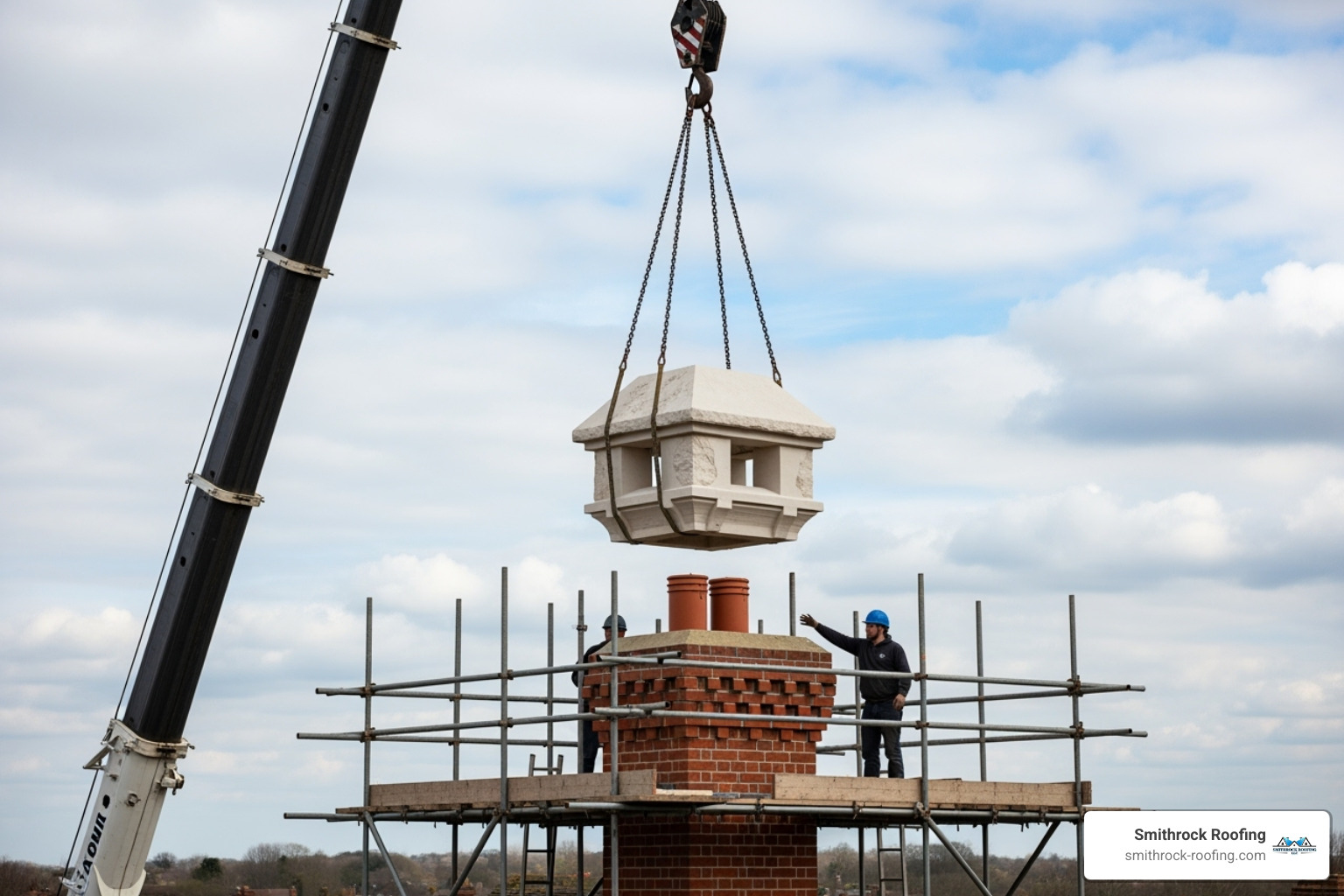 Crane lifting a large, custom-cut limestone chimney cap into place on top of a tall chimney, with scaffolding around the structure - limestone chimney cap