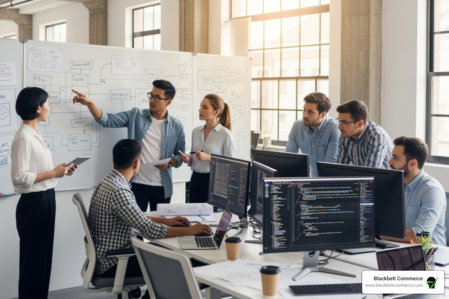 team of developers collaborating on a complex integration project - Shopify API integration service