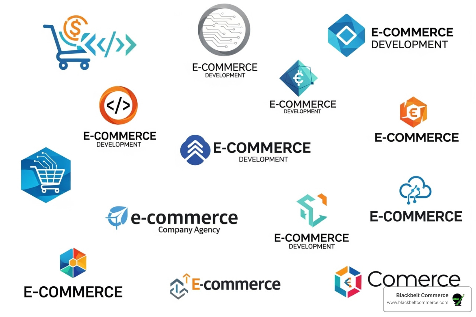 A collage of logos of top-rated ecommerce development companies like Blackbelt Commerce, Absolute Web, Elogic Commerce, Avex Designs, and BlueSwitch - ecommerce website development company