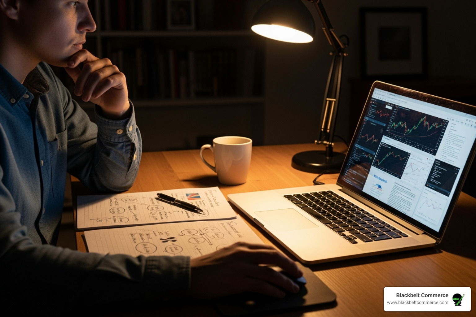 A person sitting at a desk, thoughtfully evaluating different agency websites on a laptop, with notes and comparisons visible - ecommerce website development company