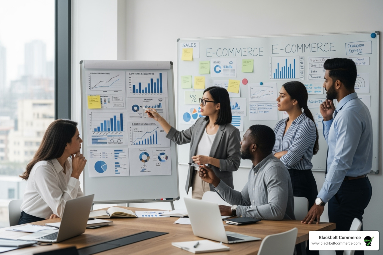 Professional team collaborating around a whiteboard with e-commerce metrics - Shopify migration experts