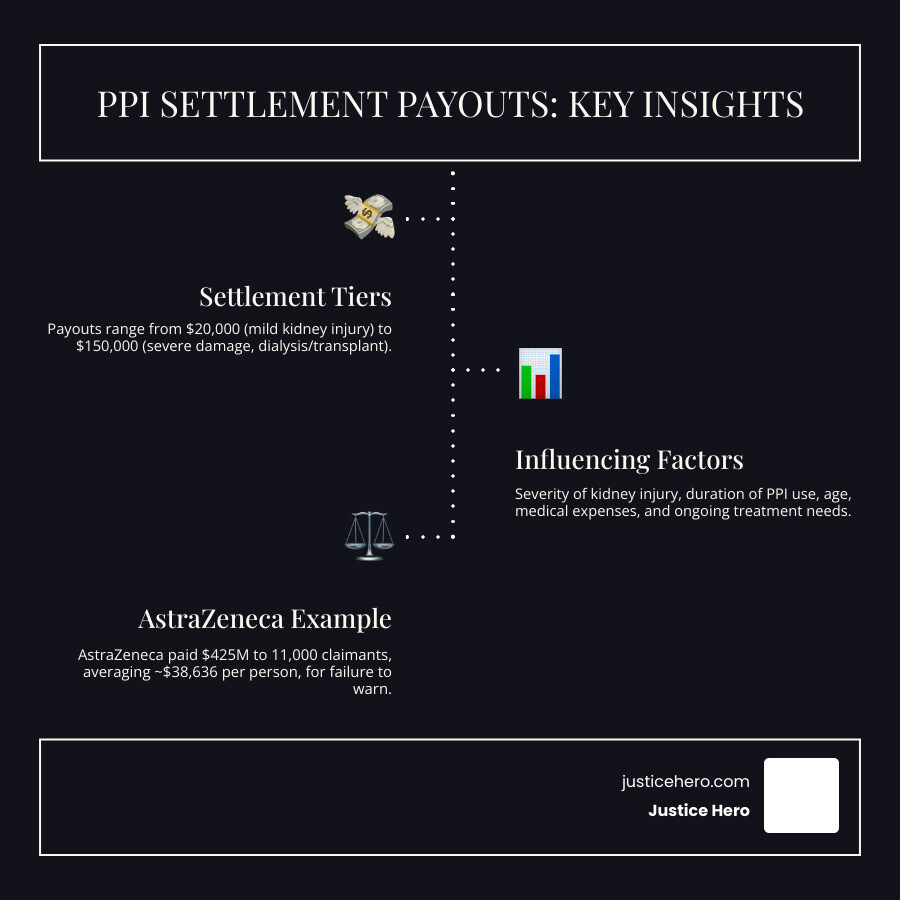 Detailed infographic showing PPI settlement payout breakdown: AstraZeneca $425M settlement divided among 11,000 claimants, settlement tiers ranging from $20,000-$150,000 based on kidney damage severity, factors affecting payout amounts including medical expenses and treatment needs - ppi settlement payout per person infographic infographic-line-3-steps-dark Detailed infographic showing PPI settlement payout breakdown: AstraZeneca $425M settlement divided among 11,000 claimants, settlement tiers ranging from $20,000-$150,000 based on kidney damage severity, factors affecting payout amounts including medical expenses and treatment needs - ppi settlement payout per person infographic infographic-line-3-steps-dark
