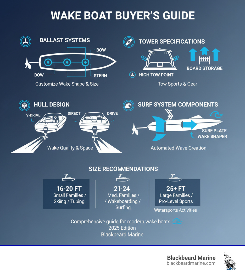 Comprehensive wake boat buying guide infographic showing ballast system locations, tower specifications, hull design differences between V-drive and direct drive configurations, surf system components, and size recommendations for different family needs and watersports activities - Wake boats for sale infographic  Comprehensive wake boat buying guide infographic showing ballast system locations, tower specifications, hull design differences between V-drive and direct drive configurations, surf system components, and size recommendations for different family needs and watersports activities - Wake boats for sale infographic
