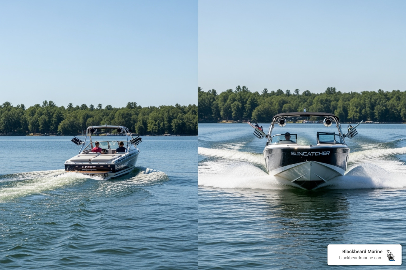 comparing the flat wake of a ski boat to the large, surfable wake of a wake boat (using Blackbeard Marine inventory images) - Wake boats for sale comparing the flat wake of a ski boat to the large, surfable wake of a wake boat (using Blackbeard Marine inventory images) - Wake boats for sale