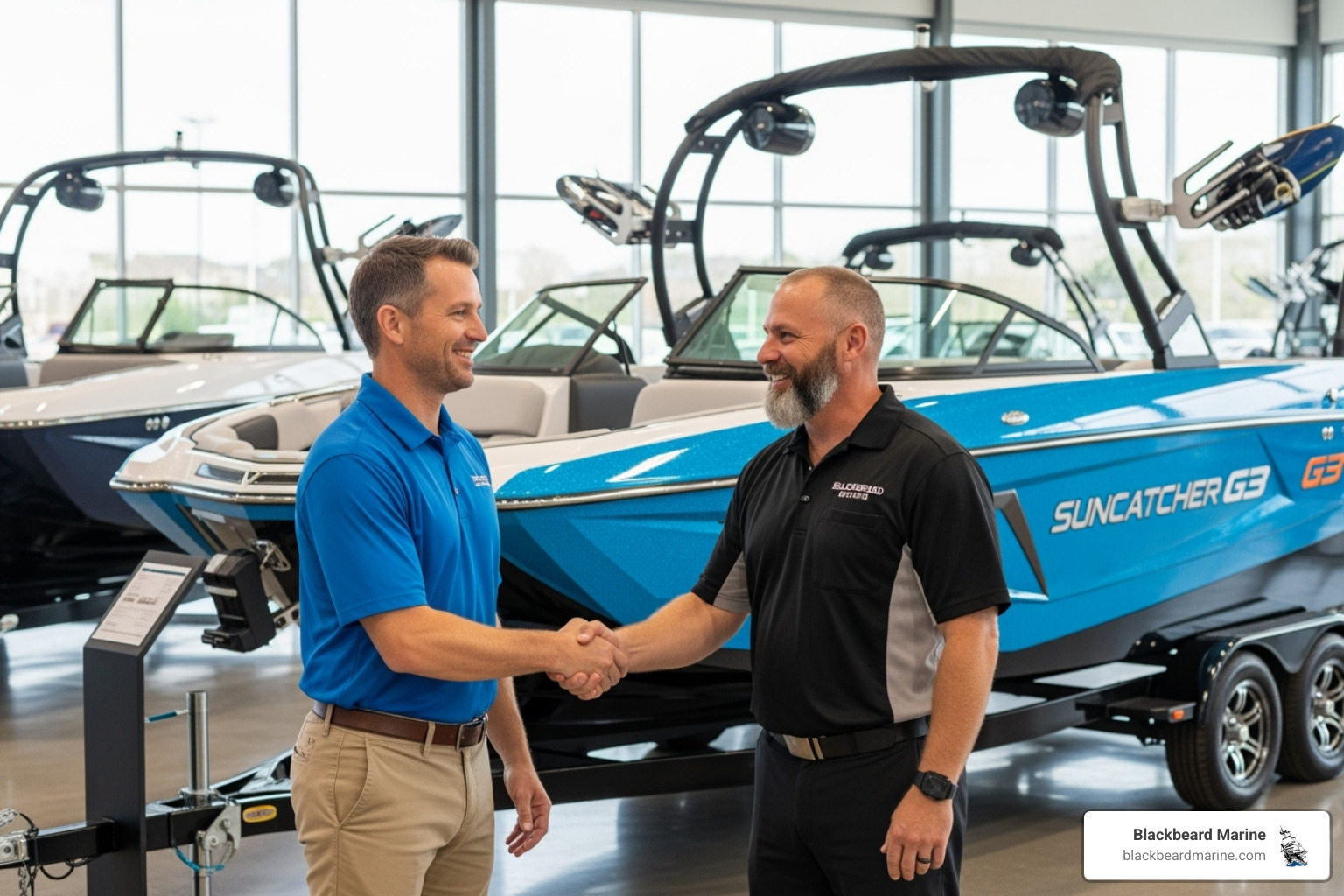 customer shaking hands with a dealer in front of a new boat at Blackbeard Marine - Wake boats for sale customer shaking hands with a dealer in front of a new boat at Blackbeard Marine - Wake boats for sale